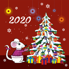 Image of a white mouse decorating a Christmas tree. 2020.