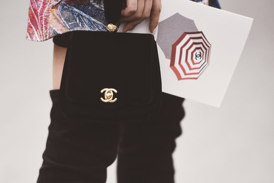 October 2, 2018: Paris, France - Chanel handbag in detail during Paris Fashion Week  - PFWSS19