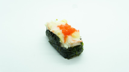 Seaweed and mayonnaise sushi topped with shrimp eggs on a white background.