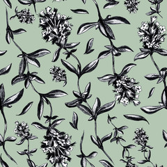 Fototapeta premium Thyme flowers hand drawn - seamless pattern on olive green background