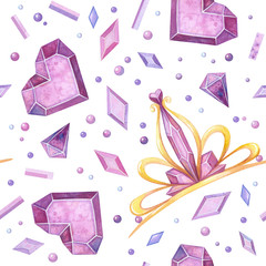 Diadems and crystals hand drawn seamless pattern. Crystalline tiaras, hearts and jewels color drawing. Fairytale items texture. Creative textile, wallpaper, wrapping paper design © Valin Malin