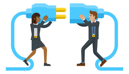 Business man and woman cartoon character mascots connecting two sides of a giant plug together.
