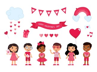 Boys and girls celebrating Valentines Day flat vector illustrations set. February 14 accessories, festive romantic decorations isolated pack. Kids holding holiday presents, envelopes