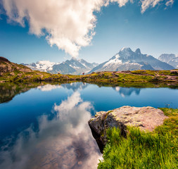 Unbelievable summer view of Lac Blanc lake with Mont Blanc (Monte Bianco) on background, Chamonix...