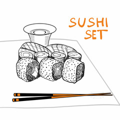 Sushi roll with salmon, smoked eel, selective food vector.