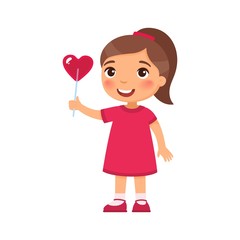 Little girl holding heart shaped candy flat vector illustration. Valentines Day celebration. Smiling child character with lollipop on stick. February 14 holiday isolated design element