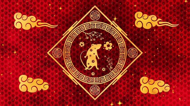 Red Chinese New Year background with gold, rat, fireworks, 3D rendering loop 4k. Magical Happy new year animation.
