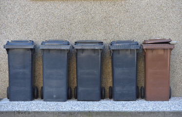 Gray and one green trash cans are standing against the wall. Garbage containers for sorting garbage...