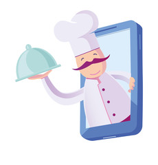 Сhef character Presents Dish for Client from smartphone. Food Delivery