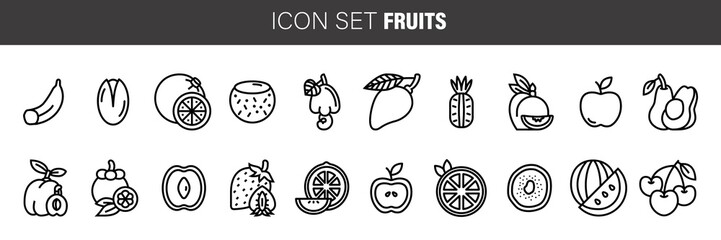 Fruit line icon set, food symbols collection, vegetarian vector sketches, logo illustrations, linear pictograms package isolated on white background