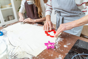Girl and a senior lady making holiday cookies