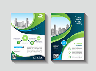 Vector Business brochure, flyers design template, company profile, magazine, poster, annual report, book & booklet cover, with green wavy line, and cityscape vector in background elements, size a4.