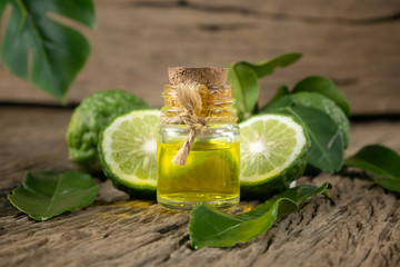 fresh bergamot fruit, Kaffir Lime, Citrus bergamia with leaf on wooden table. Bergamot citrus fruit...