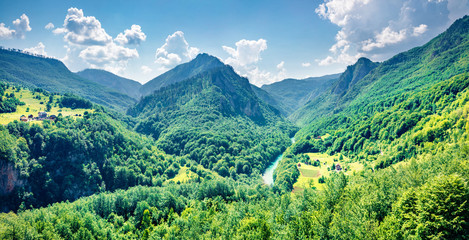 Incredible view opens from the Djurdjevica bridge over the Tara river. Bright morning view of...