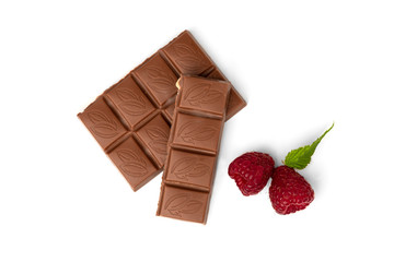 Chocolate with raspberry isolated on white background.