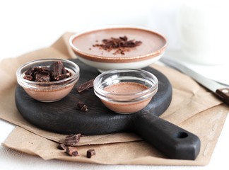 Panna sotta, creamy dessert, milk chocolate jelly with grated chocolate