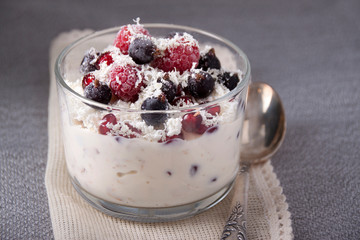 Dessert with cottage cheese, yogurt, oatmeal, berries and white chocolate