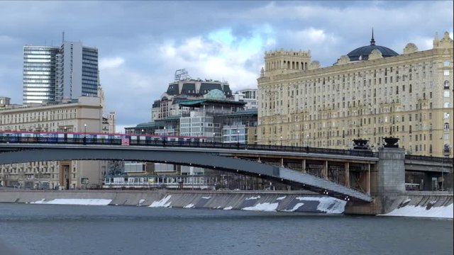 Subway train moving across a bridge metro Moscow