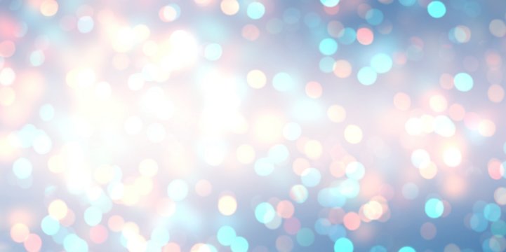 New year glitter banner. White blue pink bokeh empty background. Shimmer sparkles abstract texture. Winter holidays blurred template. Brilliance fantastic defocused illustration.