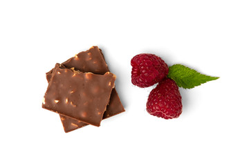 Chocolate with raspberry isolated on white background.