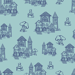 pattern home contour fabulous brick stone bushes grass outline illustration doodle vector seamless wallpaper baby blue background print