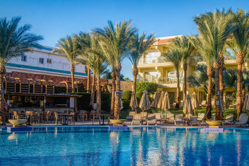 Beautiful clean pool and palm trees at a tropical resort in Egypt