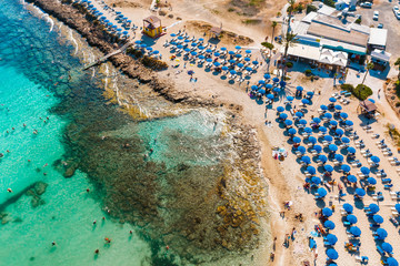 Overhead view of Sandy Bay (Vathia Gonia) beach in Ayia Napa. Famagusta District, Cyprus