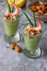 Avocado and green apple mousse with shrimp and almonds