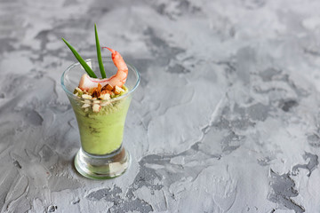 Avocado and green apple mousse with shrimp and almonds