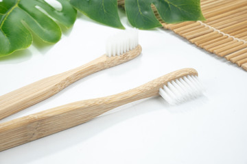 Zero waste plastic free, Natural eco bamboo toothbrush on white background.concept sustainable lifestyle or Recycling and ecology