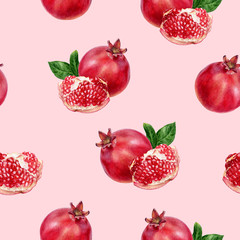 Pomegranate fruit hand drawn watercolor seamless pattern.