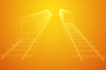 Modern high speed train on straight rails. Railway wireframe low poly mesh vector illustration