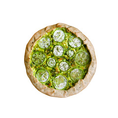 Homemade courgette and goat cheese pie isolated on white background with clipping path
