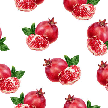 Pomegranate fruit hand drawn watercolor seamless pattern.