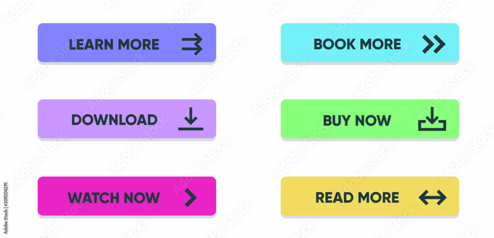 Poster set of vector modern material style buttons. different gradient colors and icons on white forms with
