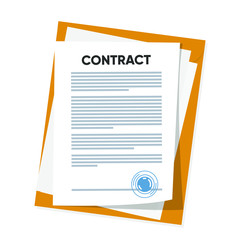 Vector illustration of signed business contract, agreement icon with round stamps on clipboard with golden, red pen. Paper deal