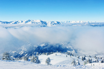 Landscape of Zillertal Arena ski resort in clouds at Austria