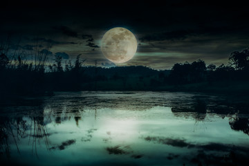 Landscape of dark night sky and beautiful bright full moon.
