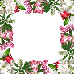 Beautiful floral background of Alstroemeria, Narcissus, Chinese rose and Lupin. Isolated