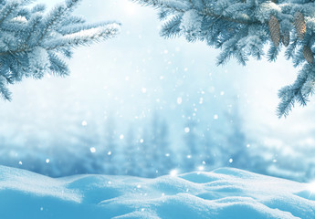 Merry Christmas and happy new year greeting card. Winter landscape with snow .Christmas background...