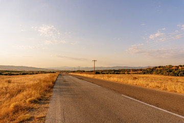 Road and yellow fields in Greece