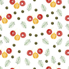 Watercolor Christmas pattern with christmas balls and spruce branch on white background.