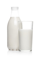 Glass and bottle with milk drink, isolated on white background