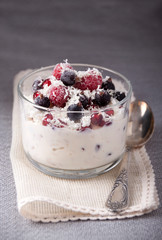 Dessert with cottage cheese, yogurt, oatmeal, berries and white chocolate