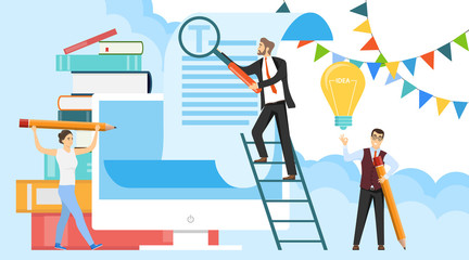 Copyright text. Mini characters of people print and edit text. People check the text for errors. Vector illustration.