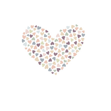 Vector background with small colourfull hearts arranged in hearty shape isolated on white. Romantic childish art for Valentine Day. Love hearty backdrop.
