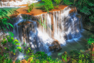 Huay Mae Khamin waterfalls in tropical forest at Srinakarin National Park , a beautiful stream water famous rainforest , Kanchanaburi  province, Thailand