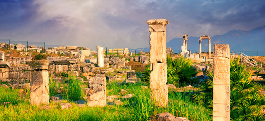 Panorama of ancient city of Hierapolis with statue of Pluto in Pamukkale