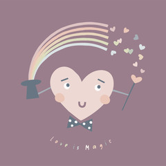 Cute cartoon heart magician character make rainbow magic. Decorative childish illustration. Funny magical paper cut simple poster. Kid-like whimsical drawing. Gender-neutral nursery idea.