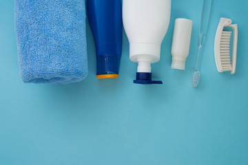 accessories for bathing on blue n light background 